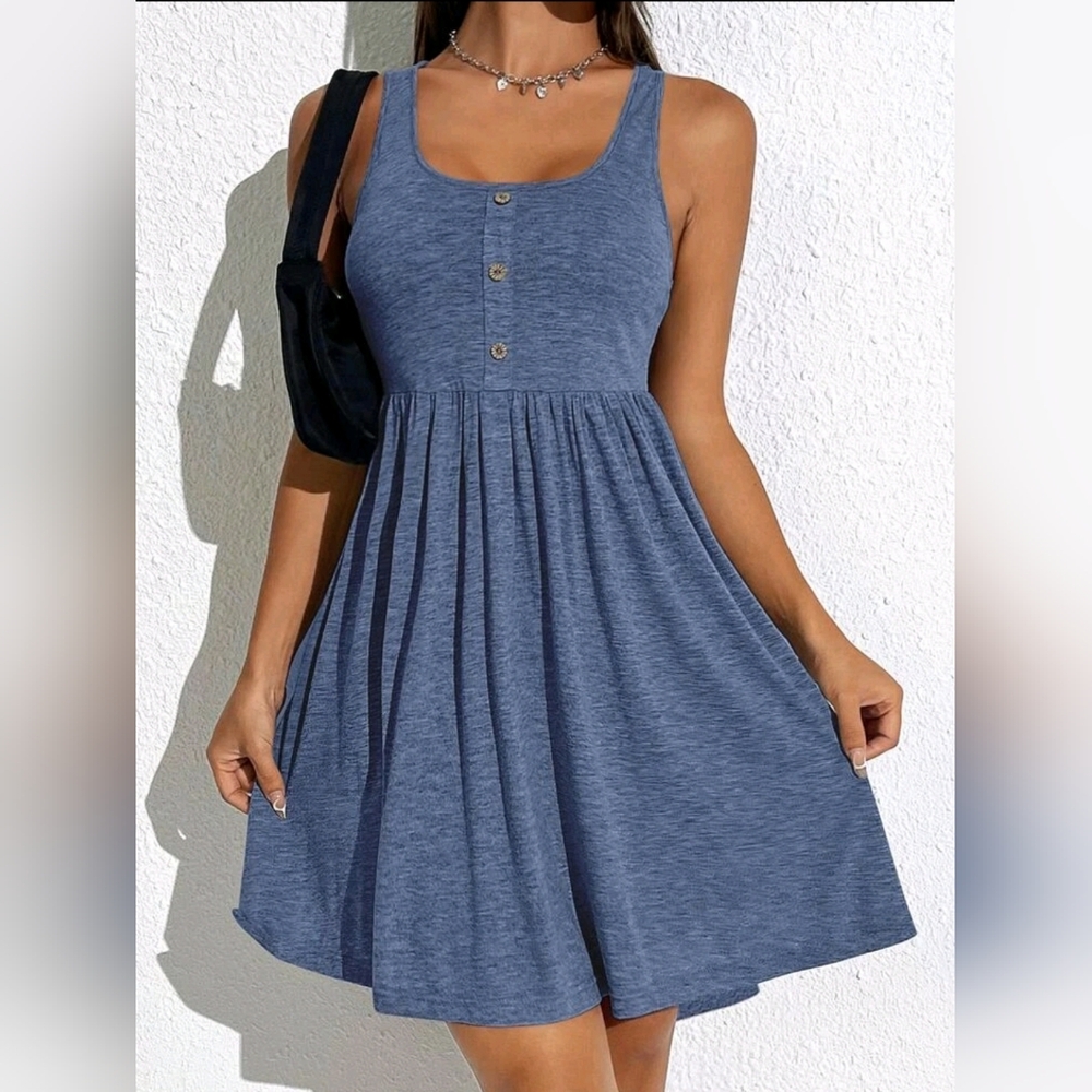 LUNE Blue Button Front A-line Dress Size Medium M 6 New Flowy Summer Stretch